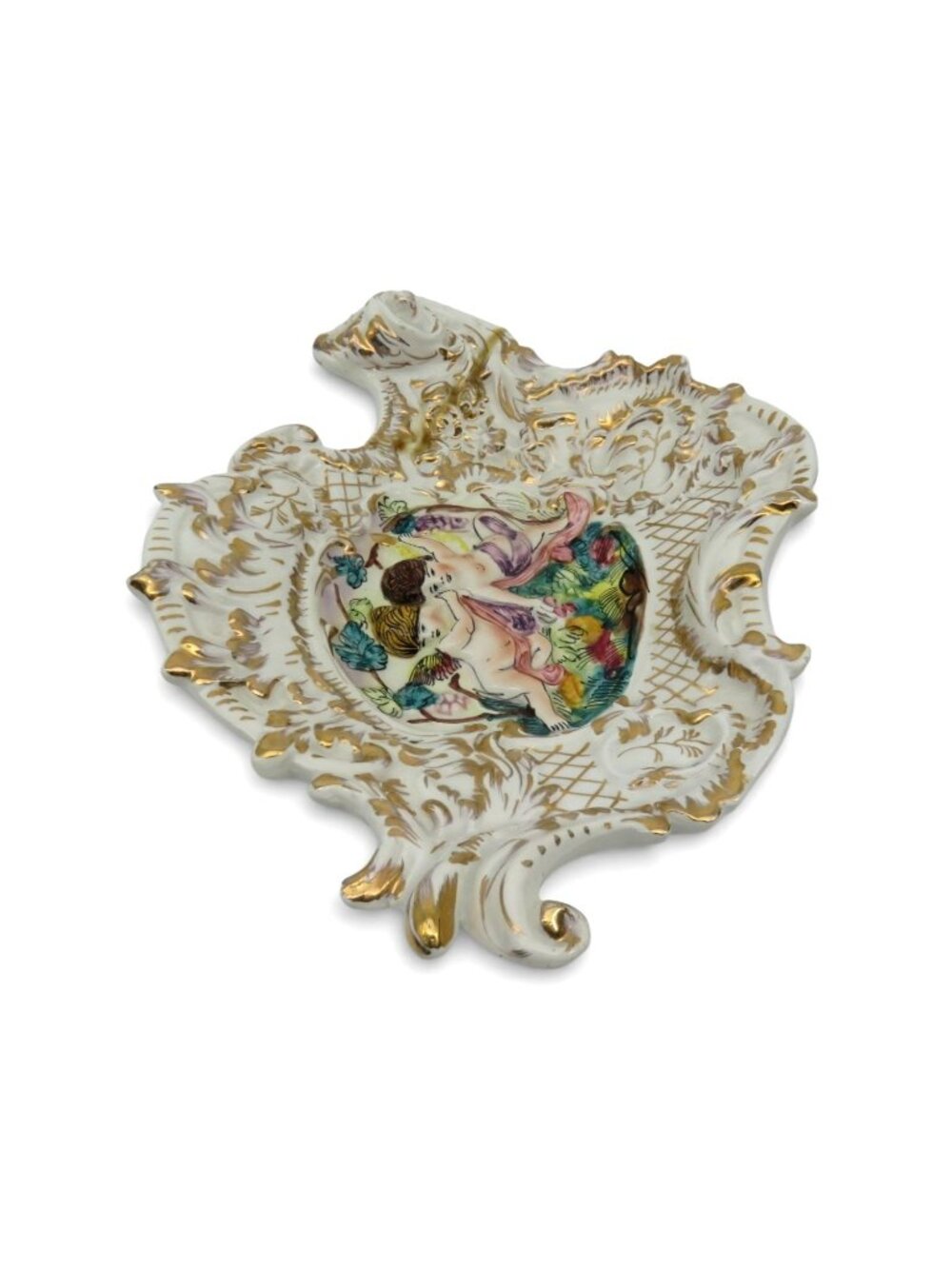 Capodimonte Gilded Porcelain Dish Cherubs Italy Vintage 11" - AS IS